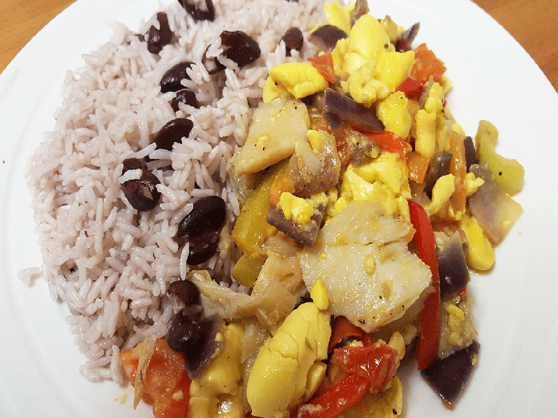 Ackee and salt fish with rice and peas
